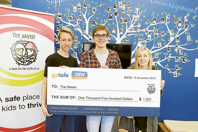 ED---The-Haven-GSLP-cheque A DELICIOUS DONATION… From left, four local GOTAFE VCAL students, Jordan Baxter, Bryce O’Dwyer, Tiahne Ward and (absent), Katie Green have helped to raise $1,500 through Dim Sim Wednesdays, which they donated to The Haven. Photo: Katelyn Morse.