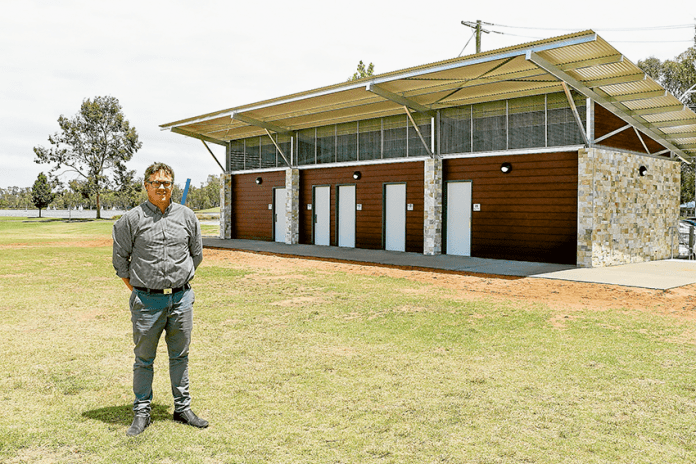 NOW OPEN TO THE PUBLIC… Greater Shepparton City Council Manager Parks Sport Recreation, Tim Zaks at the newly opened toilet facility at Victoria Park Lake. Photo: Katelyn Morse.