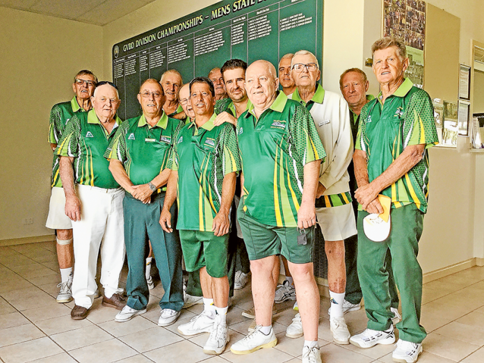 VICTORS IN NEW OUTFITS… From left, Murchison Bowls Club players John Dunlop, Lester Trevaskis, Gordon Thompson, Wayne Brown, David Alderton, Bill Puts, Bill Saunders, Craig Irving, Garth Thompson, Derek Anderson, Paddy King, Alan Chambers and Jim Tweddle, in their new uniforms which they unveiled at the weekend where they came away victorious against East Shepp. Photo: Supplied.