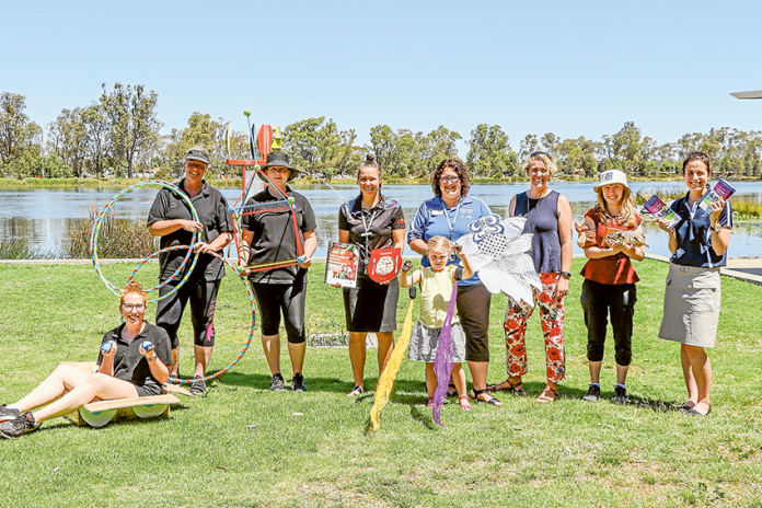 PLENTY OF PLAY IN THE PARK… From left (back), Enchanted Rainbow members, Shelly Davis and Eva-Rose Davis, Primary Care Connect healthy promotion, Izzy Gribben, Greater Shepparton City Council Healthy Community Officer, Carmen Nicholson, Start Outdoors owner, Kim Merkel, RiverConnect project officer, Meg Pethybridge, Greater Shepparton City Council Water and Sport Project Officer, Katie Thorp. (Front), Enchanted Rainbow member, Caitlyn Hay and 5-year-old, Charlotte Merkel. Photo: Katelyn Morse.