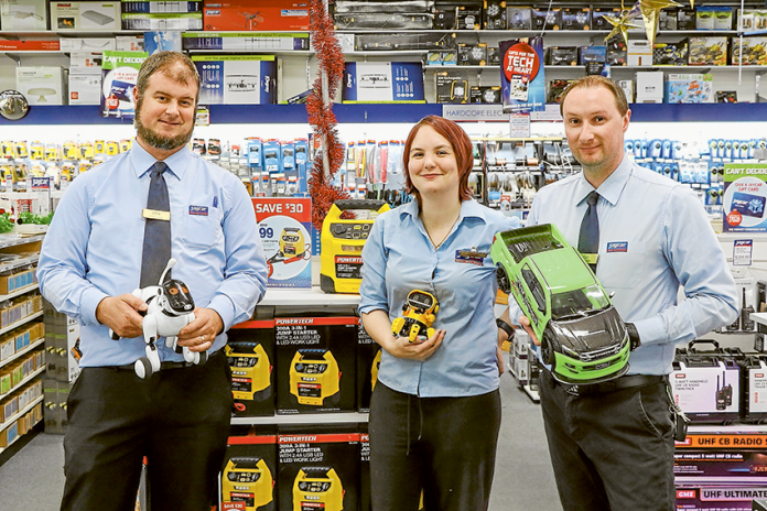 JOLLY JAYCAR GENIUSES… From left, Shepparton Jaycar Electronics store manager, Chris Lane, duty manager, Jaclyn Williams and assistant manager, Kyle Inifer are experts in all things tech. Photo: Katelyn Morse.
