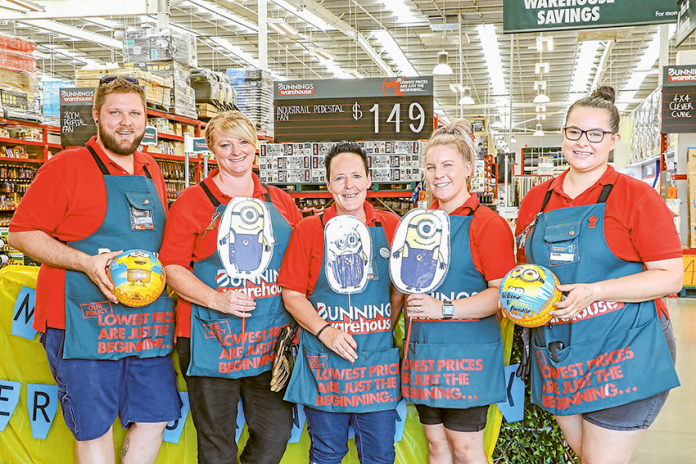 YOUR CHANCE TO MEET MINION BOB… From left, Bunnings Shepparton special orders and paint expert, Dan Mitchell, support G4, Kristie Scott, trade specialist, Didy Wenzke, team member, Louise Hunter and activity organiser, Jillian Goodman. Photo: Katelyn Morse.