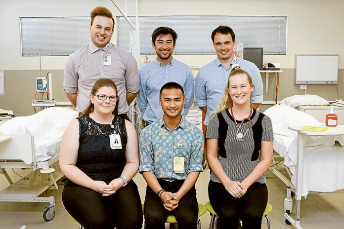 WELCOMING BUDDING DOCTORS… From left (back), GV Health 2019 medical graduate, Jesse Irwin, GV Health 2018 medical graduate, Dr Tim Everson and GV Health 2019 medical graduate, Yannick Roosje-Dol. (Front), GV Health 2019 medical graduates, Sarah Marshall, RJ Seastres and GV Health 2018 medical graduate, Dr Laura Mckinnon. Photo: Katelyn Morse.