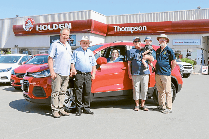 CAR RAFFLE WINNER ANNOUNCED… From left, Mooroopna Rotary Club president, Bill Porter, co-car raffle coordinator, Les Young, winner’s daughter, Shelby, car winner, Glen Finnen, grandson, Hudson and co-car raffle coordinator, Laurie Fagan. Photo: Supplied.