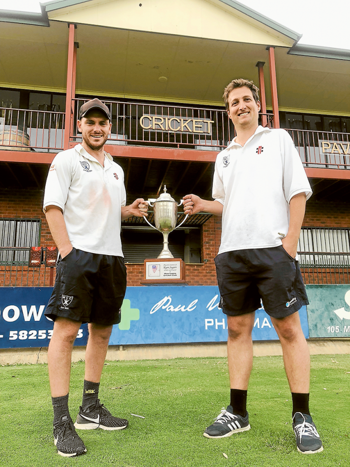 SPORT---Mooroopna-Cricket-Club CAPTAINS TAKE THE WIN… Captain, Sam O'Brien and president, Aaron DiFede captained their respective sides for the Mooroopna Cricket Clubs Kym Sugars Cup Day, which saw the Captains XI win by 13 runs. Photo: Supplied.