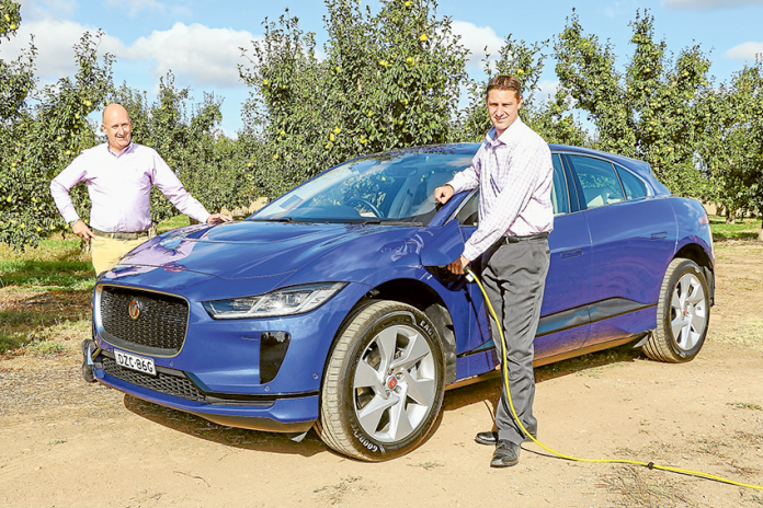 SUPERCAR PERFORMANCE SETS THE PACE… From left, Darryl Twitt Motors marketing manager, Pike Peters and Shepparton Jaguar sales manager, Toby Balfour are excited to take for a spin in this exciting new electric Jaguar I-PACE. Photo: Katelyn Morse.