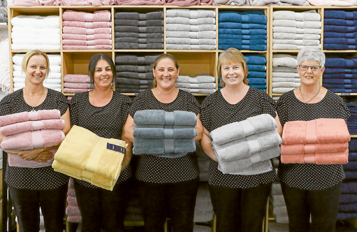 FIND FINNY BARGAINS… From left, Finny’s Manchester team members, Tina Sicali, Tara Smith, Kerrie Berger, Shirley Blick and Lee-Anne Hosie are excited about the Sheridan towels that are currently half price. Photo: Katelyn Morse.