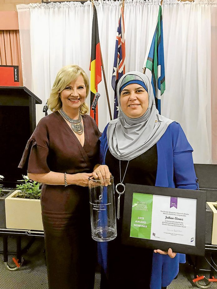 ACHIEVEMENT AWARDED… From left, Greater Shepparton City Council Mayor, Cr Kim O’Keeffe with the 2019 Greater Shepparton Women’s Charter Advisory Committee Award winner, Jeihan Elmaz. Photo: Supplied.