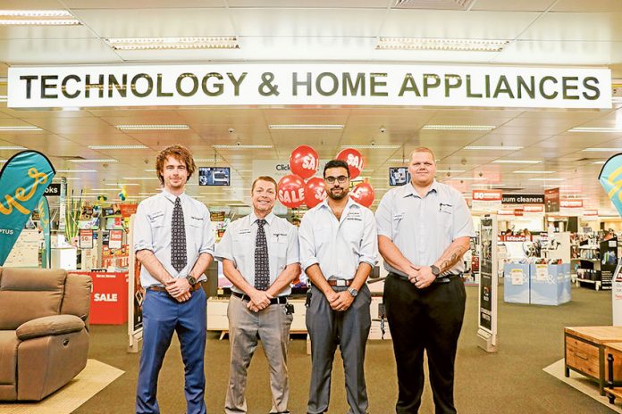EXCELLENT ELECTRONICS EXPERTS… From left, Harvey Norman computer sales staff, Beau Gow, Peter Connelly and Harvey Norman Electrical sales staff, Rana Singh and Mitch Crowshaw at the recently renovated store. Photo: Katelyn Morse.
