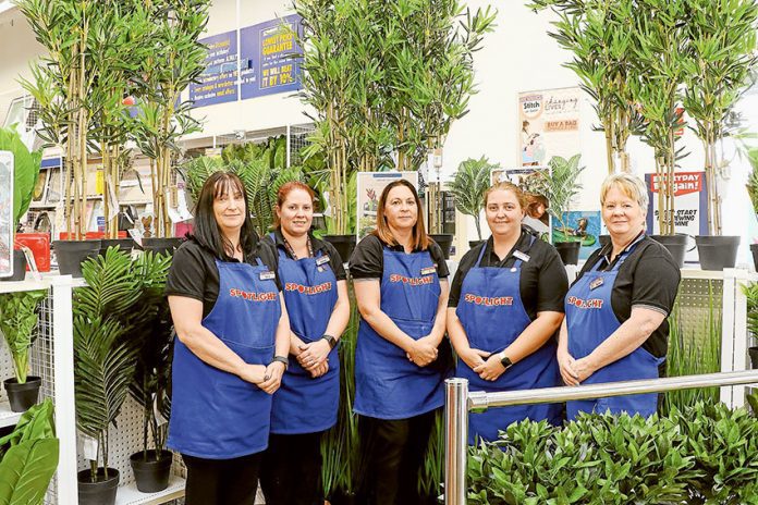 ADV---Spotlight LEARN NEW SKILLS… From left, Shepparton Spotlight store manager, Tania Durston, sew department team leader, Jessica Ford, craft department team leader, De Gribble, furnishings department team leader, Stephanie Ashcroft and manchester and home décor department team leader, Tanya Giesler are keen to help teach locals some new skills during Make It Month. Photo: Katelyn Morse.