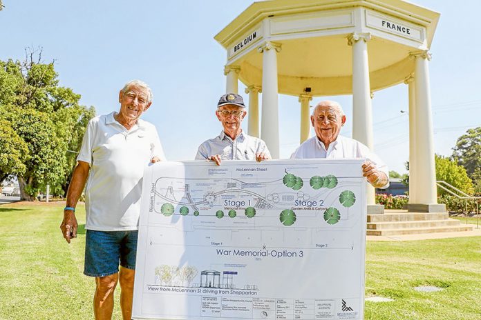 ED---Mooroopna-Masonic-Lodge-Donation STEP FORWARD FOR BIG PLANS… From left, Mooroopna Masonic Lodge master, Ted Davis with Rotary Club of Mooroopna past presidents, Barry Campbell and Les Young at the Mooroopna War Memorial, which is hoped will get a $200,000 upgrade after receiving a $5,000 donation from the Mooroopna Masonic Lodge last week. Photo: Katelyn Morse.
