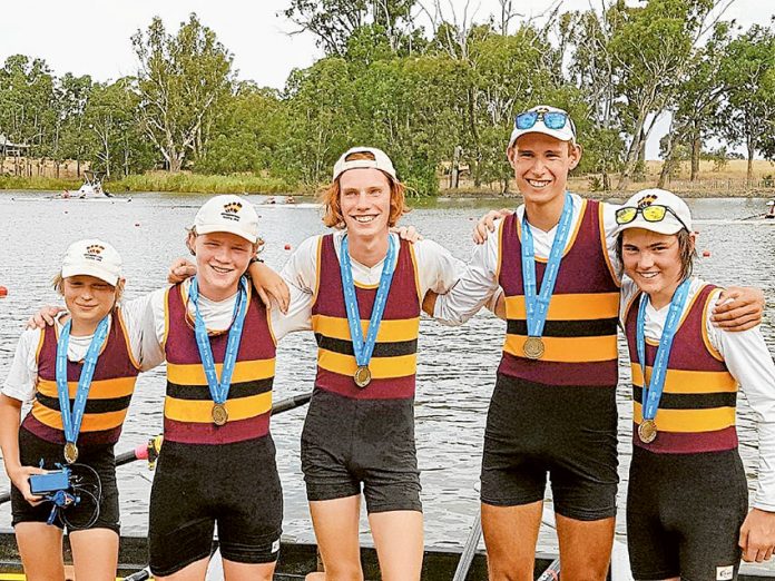 CLUB NAMED STATE CHAMPS… From left, Shepparton Rowing Club members and gold medal winners in the men’s D grade quad, James Darbyshire, Hamish Kerr, Cameron Boal, Jack Puise and Nicholas Waller. Photo: Supplied.