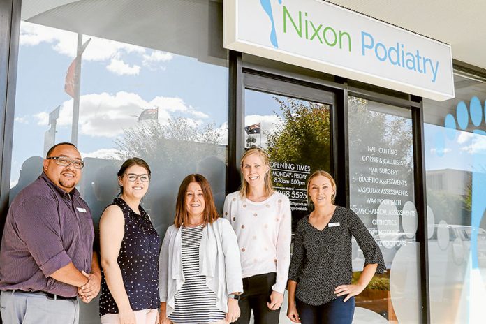 NEW CLINIC, SAME GREAT CUSTOMER SERVICE… From left, Nixon Podiatry podiatrists, Chris Annett, Emily Odgers, owner, Sally Howes, podiatrists, Jess Moodie and Marnie Egan are excited to be expanding to the new Vaughan Street location. Photo: Katelyn Morse.