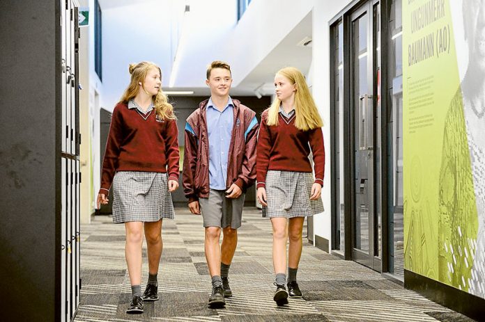 ADV---Notre-Dame-College INDIVIDUAL CARE AT NOTRE DAME COLLEGE… From left, Notre Dame College students, Tayla Barber, Josh Church and Emma Gilbert are impressed with the great facilities on offer. Photo: Supplied.