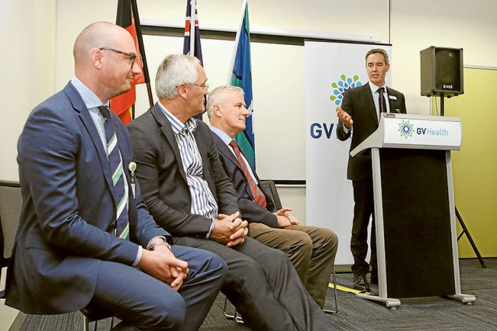 INVESTMENT IN HEALTH… From left, GV Health executive director community care and mental health, Josh Freeman, Federal Member for Murray, Damian Drum, Deputy Prime Minister, Michael McCormack and GV Health chief executive, Matt Sharp at the announcement on Thursday that the Community Health@GV Health site in Corio Street is set to receive a $4M redevelopment. Photo: David Lee.