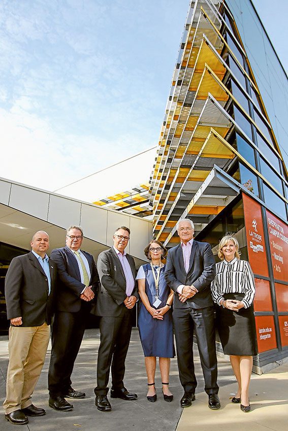 ED---Latrobe-funding-announcement3 LONG AWAITED INVESTMENT… From left, La Trobe Shepparton Regional Advisory Board chair, Sam Birrell, La Trobe University pro vice-chancellor (regional), Professor Richard Speed, vice chancellor, Professor John Dewar, head of Shepparton campus, Elizabeth Capp, Federal Member for Murray, Damian Drum and Greater Shepparton City Council Mayor, Cr Kim O’Keeffe at the La Trobe University Shepparton Campus, which will be receiving $5M from the Liberal and Nationals Government that will go toward an expansion of the building. Photo: Katelyn Morse.