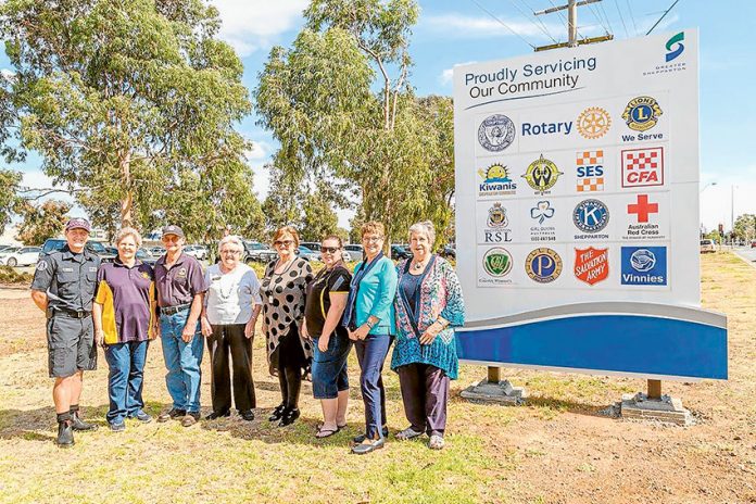 ED---New-service-clubs-signage NEW LOOK SIGNS… From left, CFA representative, Rob Trewartha, Rotary Club of Shepparton South representative, Belinda Liggins, Shepparton Lions representative, Richard Lilley, Soroptimists Shepparton representative, Gay Wright, Soroptimists Shepparton representative, Elaine Lenon, Shepparton Search and Rescue representative, Nicole Stanfield, Rotary Club of Shepparton representative, Jenny Sim and Kiwanis Club of Shepparton representative, Gael Thompson. Photo: Supplied.