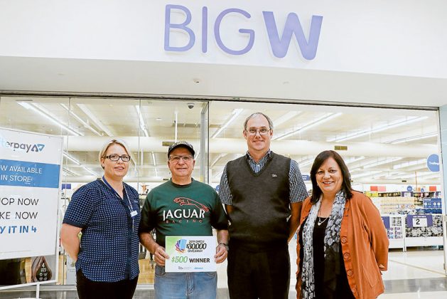 BIG W… From left, Big W service supervisor, Toni Hatzie, 2019 GMCU $30,000 Giveaway $500 consolation prize winner, Angelo Soccio, GMCU Shepparton loans officer, Craig Durston and The Adviser senior advertising consultant, Bronwen Timothee. Photo: Katelyn Morse.