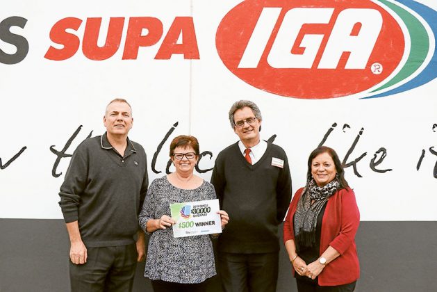 FAIRLEY’S SUPA IGA… From left, GMCU Shepparton branch manager, Dallas Moore, 2019 GMCU $30,000 Giveaway $500 consolation prize winner, Karen Senior, Fairley’s SUPA IGA assistant store manager, Steven Breen and The Adviser senior advertising consultant, Bronwen Timothee. Photo: Katelyn Morse.