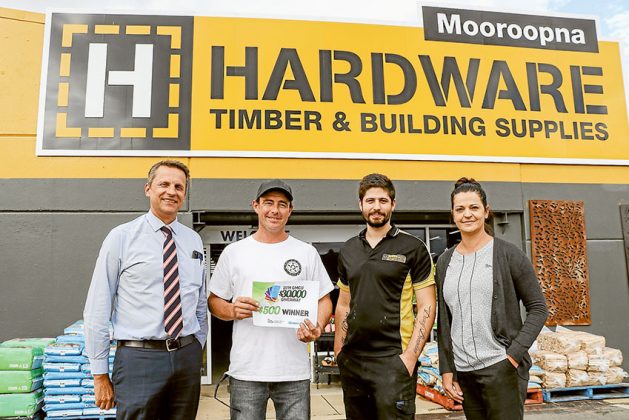 MOOROOPNA HARDWARE… From left, The Adviser general manager, Will Adams, 2019 GMCU $30,000 Giveaway $500 consolation prize winner, Haydn Crosbie, Mooroopna Hardware store manager, Joey Campanelli and GMCU Mooroopna branch supervisor, Sharna Papoulis. Photo: Katelyn Morse.
