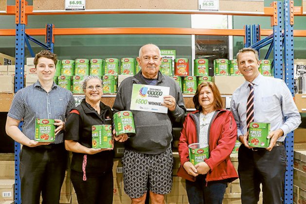 SPC FACTORY SALES… From left, GMCU Shepparton loans officer, Jack Linehan, SPC Factory Sales operator, Maria Normington, 2019 GMCU $30,000 Giveaway $500 consolation prize winner, Garry Newman and wife, Merlin Newman and The Adviser general manager, Will Adams. Photo: Katelyn Morse.