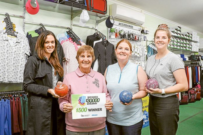 SHEPPARTON BOWLS SHOP… From left, The Adviser senior advertising consultant, Stacey Dalziel, 2019 GMCU $30,000 Giveaway $500 consolation prize winner, Dot Best, Shepparton Bowls Shop owner, Chantel Wakenshaw and GMCU Shepparton member services officer, Kelsey McDonald. Photo: Katelyn Morse.