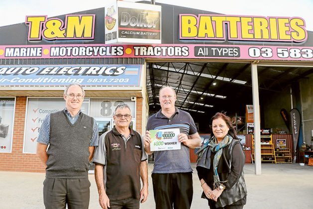 T&M BATTERIES… From left, GMCU Shepparton loans officer, Craig Durston, T&M Batteries owner, Trevor Cook, 2019 GMCU $30,000 Giveaway $500 consolation prize winner, Simon Waters and The Adviser senior advertising consultant, Bronwen Timothee. Photo: Katelyn Morse.