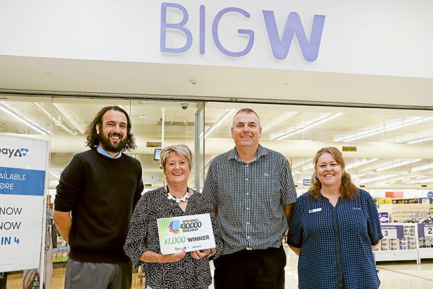 BIG W… From left, The Adviser business news writer, Ash Beks, 2019 GMCU $30,000 Giveaway week four $1,000 winner, Sue McKellar, GMCU Shepparton branch manager, Dallas Moore and Big W checkout operator, Jo Arthur. Photo: Katelyn Morse.