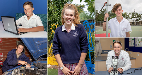 JOY, MERCY AND LEARNING… Drop by St Mary of the Angels Secondary College in Nathalia to see what they have on offer during the college open day on Wednesday, May 15. Clockwise from top left, St Mary of the Angels Secondary College year 7 student, Jake Bell, year 12 student, Aleisha Harding, year 12 student, James Miller, year 12 student, Sophie Morris and year 12 student, Ryan Hayes. Photos: Supplied.