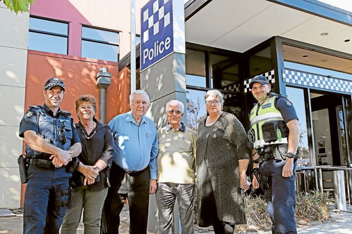 AT YOUR SERVICE… From left, Shepparton Police member, Sergeant Jason Frost, Justices of the Peace, Phame McCall, Bruce Milne, Joe Lia and Sandra Davis and Shepparton Police member, Constable Jeremy Rath. Photo: David Lee.