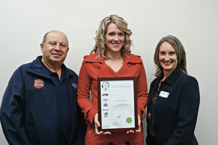 FROM 2019, BEST NEW BUSINESS – UNDER TWO YEARS… From left, White King - Pental engineering purchasing officer, Bruno Zito, Nexis Concept and Design creative director, Steph Boyle and Greater Shepparton Business Centre business development coordinator, Tricia Martinek. Photo: Katelyn Morse.