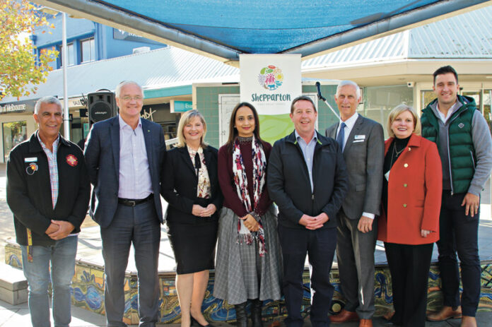 ED-MallFunding-1_15749 ADDING TO THE POT... Local leaders met with Member for Northern Victoria, Mark Gepp who announced a $3.75M addition to the Mall redevelopment, from left, Cr Greg James, Member for Nicholls, Damian Drum, Greater Shepparton City Council Mayor, Cr Kim O’Keeffe, Cr Seema Abdullah, Mark Gepp, , President Greater Shepparton Chamber of Commerce and Industry, John Anderson, Member for Northern Victoria, Wendy Lovell and Cr Shane Sali. Photo: Steve Hutcheson