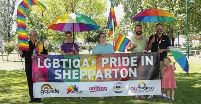 ED-GVPRIDE-1_10863 EVERYONE IS WELCOME... Getting behind OUTintheOPEN, from left, Jenni George, James Stevenson, Charlotte Nicolson, Chris Stevens-Todd, Damien Stevens-Todd, Fletcher Stevens-Todd, Photo: Kelly Lucas
