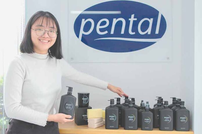 NATURAL, AUSTRALIAN-MADE PERSONAL CARE... Pental’s research and development chemist, Hanlu Cai, with Bondi Soap products which are 100 percent sustainably sourced, natural (plant-based), planet-friendly and cruelty-free. Photo: Kelly Lucas