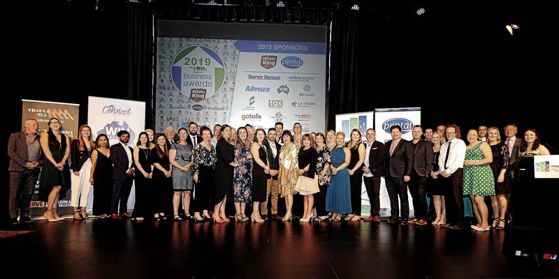 PROUD WINNERS… A superb line-up of the 2019 White King – Pental 95.3 Triple M Business Awards’ winners and sponsors at the Gala Dinner held at Eastbank, Shepparton in 2019. Photo: Alicia Niglia.