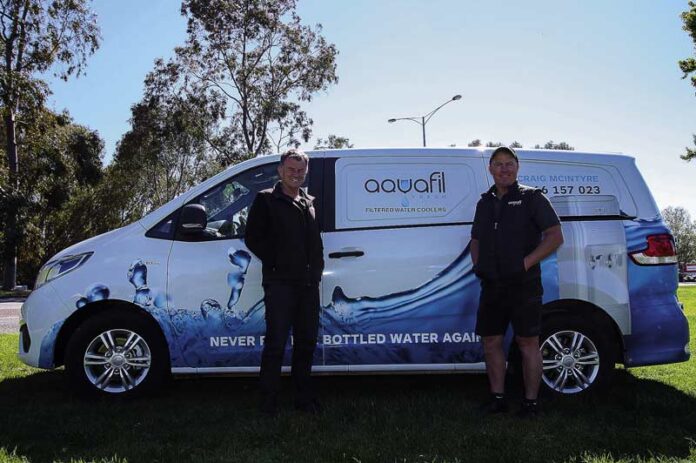 ED---Aquafil-1 GOOD FOR THE ENVIRONMENT... And even better for business, led by directors, Bill Dowling and Craig McIntyre, choosing Aquafil over bottled water could save your business money. Photo: Kelly Lucas.