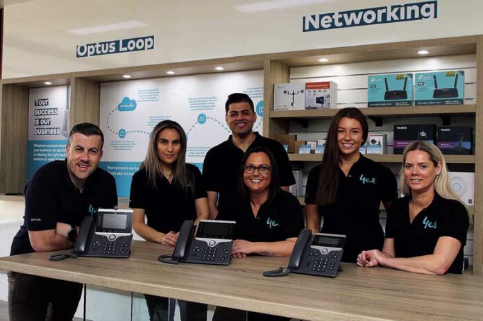 ED---OPTUS-BUSINESS-CENTRE-VIC-NORTH-1 MEET THE TEAM... Optus managing director Anthony Spadaro and office manager Connie Spadaro, network engineer Himanshu Sachdeva, tele appointer Hannah Mammone, with business development manager Jo Ruth and business account manager Jodie Taylor. Photo: Kelly Lucas.