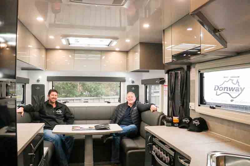 THE DON... Pictured from left, Donway Caravans directors Keelan Don and Peter Don in a top of the range caravan called ‘The Don’. Photo: Kelly Carmody