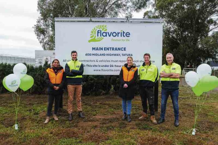 NEW LOOK... From left, Flavorite marketing advisor Rruta Narula, marketing and communications manager Tom Millis, marketing assistant Georgina Bayley, COO Chris Millis, and CEO Mike Nichol, in front of the new signage at Flavorite’s Tatura site. Photo: Deanne Jeffers