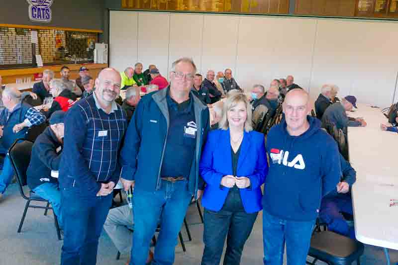 GET TOGETHER... Victorian Men’s Shed Association (VMSA) regional coordinator Darren ‘Daz’ Scicluna, Mooroopna Men’s Shed’s Severin Duhring, Mayor Kim O’Keeffe, and VMSA CEO Derek O’Leary at the annual Men’s Shed gathering. Photo: Deanne Jeffers.