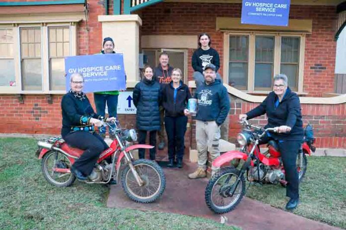 ADV---SKEETA-GV-HOSPICE FEEL GOOD ADVENTURE... Front row: GV Hospice interim executive manager Kay Gall and registered nurse Marjo Reijnen, Middle: Skeeta ‘King’ Robert Palma, GV Hospice family support worker Bec Nicoll, registered nurse Lou Moylam, and Skeeta treasurer Mark Hyland. Back: Riders Steve Threlfall and Cailean William. Photo: Deanne Jeffers.