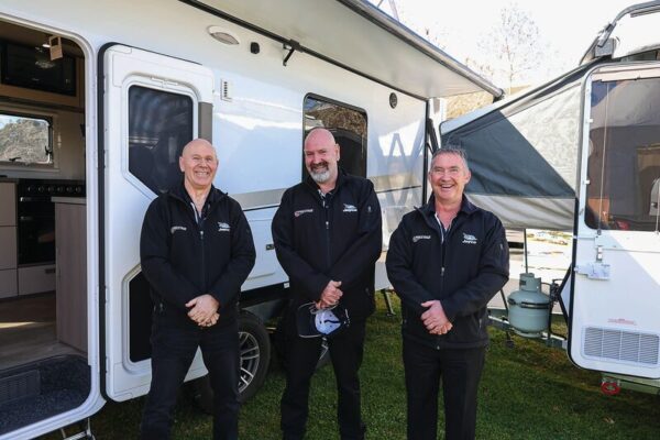 EXCELLENT EXHIBITORS... Prestige Jayco sales manager Ron Le Busque with his team, salesmen Trent Bromley and Simon Turk, at the recent Shepparton Great Outdoor and 4x4 Expo. Photo: Deanne Jeffers