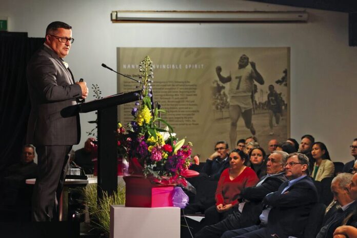 ED-KaielaOration_67896 CONVERSATION... Esteemed international educator Professor Wiremu Doherty addressing the audience at Rumblara Football Netball Club at the 2022 Dungala Kaiela Oration, which talked about the ability for Indigenous knowledge to transform intergenerational economies. Photo: Peter Casamento