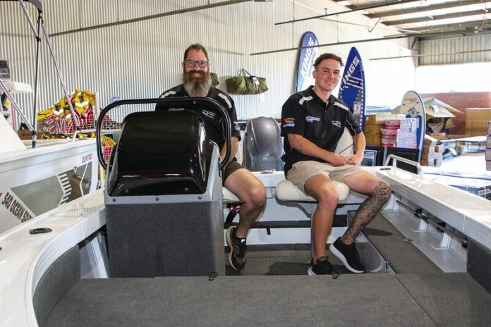 ADV-SolarCityMarine-_77969 PROUDLY SELLING THE FISHERMAN'S FAVOURITE FOR 20 YEARS...No one knows Quintrex boating better than Solar City Marine and Caravans. Providing exceptional service and knowledge, James Edmunds (left) and Kyle Hanna are ready to assist you with all your boating needs. Photo: Natasha Fujimoto