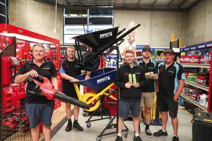 POWER UP... Cordless tools are a fantastic choice for unrestricted yard work and camping adventures alike. Ultimate Fasteners stock a huge range of battery-powered stock from leading brands. Pictured (from left)are Dean Jones, Anthony Clarke, Jordy Geisler, Kyle Mcleod and Grant Casey. Photo: Deanne Jeffers