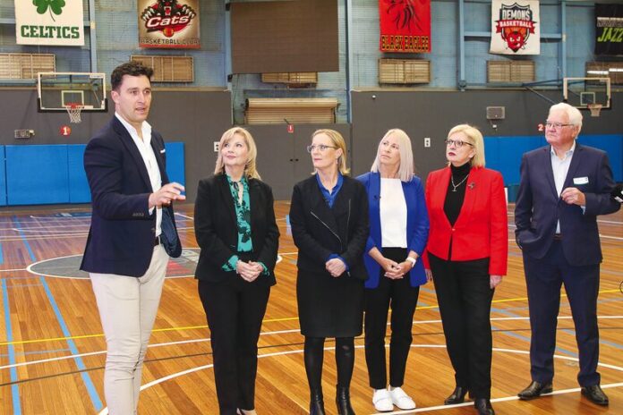 CASH FOR REGION PRIORITIES... Pictured at the Sports Stadium are Greater Shepparton mayor Cr Shane Sali, National candidate Kim O'Keeffe, shadow minister for sport Cindy McLeish, Liberal candidate Cheryl Hammer, Liberal MP Wendy Lovell and Cr Geoff Dobson. Photo: Natasha Fujimoto