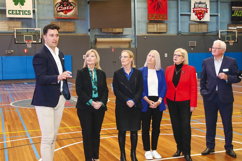 CASH FOR REGION PRIORITIES... Pictured at the Sports Stadium are Greater Shepparton mayor Cr Shane Sali, National candidate Kim O'Keeffe, shadow minister for sport Cindy McLeish, Liberal candidate Cheryl Hammer, Liberal MP Wendy Lovell and Cr Geoff Dobson. Photo: Natasha Fujimoto