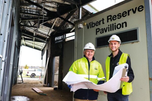BUILDING THE REGION... Crow Construction site manager Jack Dyer and Jak Trewin from Crow Constructions on-site at Vibert Reserve Pavillion, which is currently being redeveloped in Shepparton. Photo: Kelly Carmody