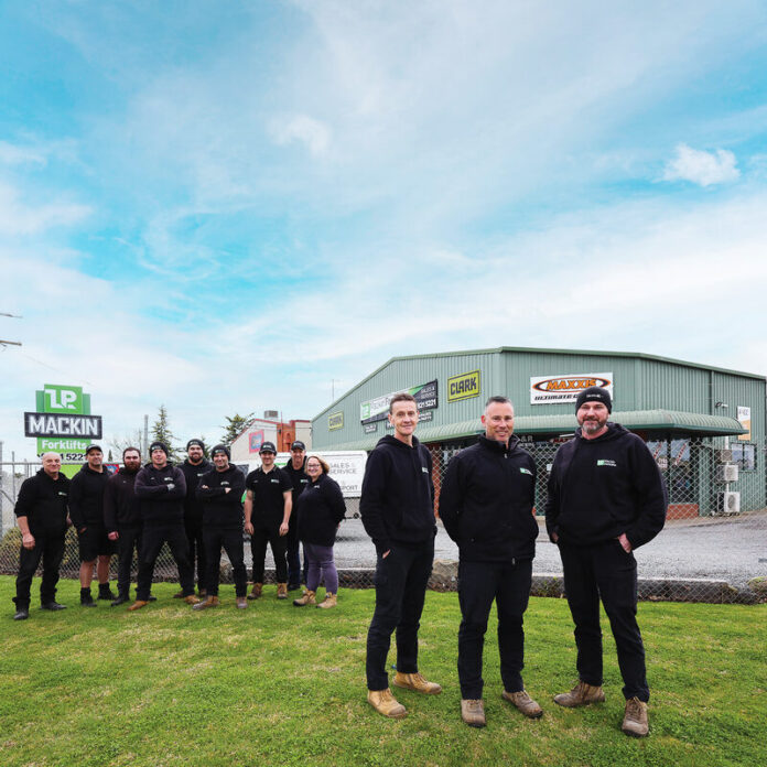 OURGV-ADV-J-PMATKIN-_68285 YEARS OF STANDOUT SERVICE...L & P Mackin Forklifts are one of the region's most established forklift service, repair, spare parts and sales companies. Pictured in front with the rest of the team is service manager Shane Tolliday with director Jarrod Mackin and workshop manager Darren Priestly. Photo: Kelly Carmody