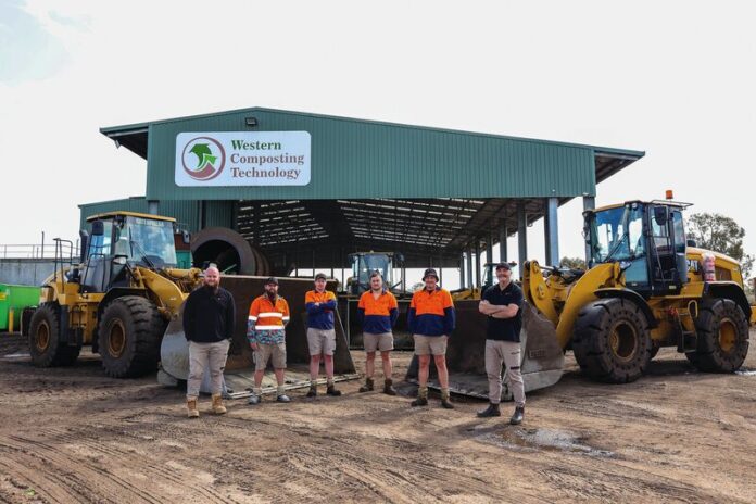 PRODUCING PREMIUM QUALITY COMPOST... Western Composting Technology is having a significant impact on the environment. Pictured from left, QSE officer Daniel Ellis, leading hand Greg Miller, compost operators Patrick Connelly, Nathan Cahir and Dayne Chapman with operations manager John Wilson. Photo Kelly Carmody